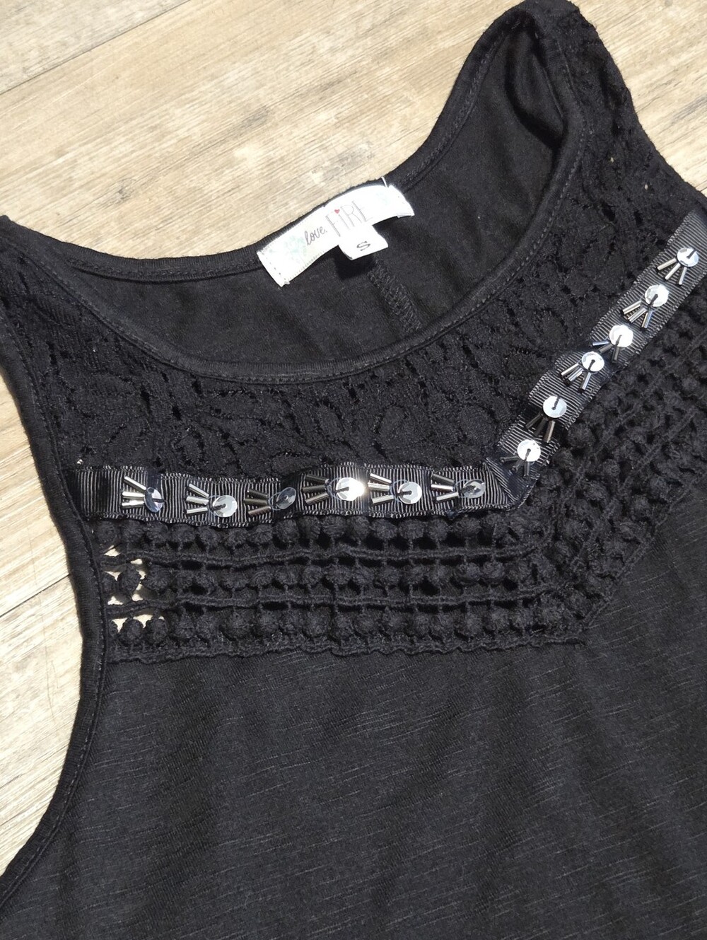 Love, Fire Black Crochet Lace Sequin Embellished Slub Knit Tank Top - Size S